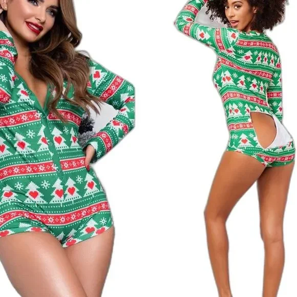 Yandy Green Christmas Tree Romper Pajamas Sleepwear Button Size XL - Picture 2 of 9